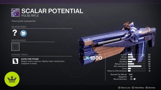 Destiny 2 Season of the Wish weapons: The Scalar Potential pulse rifle in the inventory preview screen.