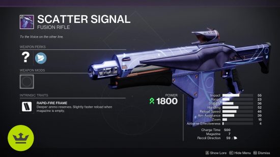 Destiny 2 Season of the Wish weapons: The Scatter Signal fusion rifle in the weapon preview screen.