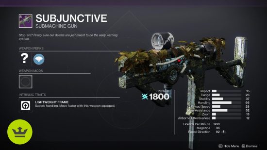 Destiny 2 Season of the Wish weapons: The Subjunctive SMG shown in the preview page.