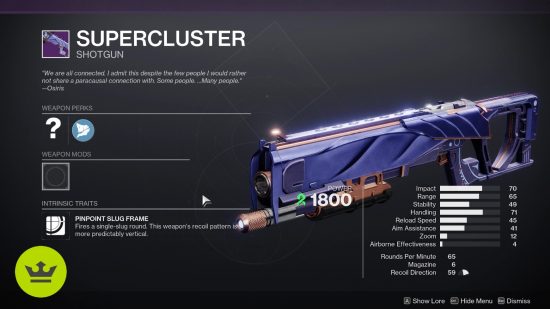 Destiny 2 Season of the Wish weapons: The Supercluster shotgun in the inventory screen.