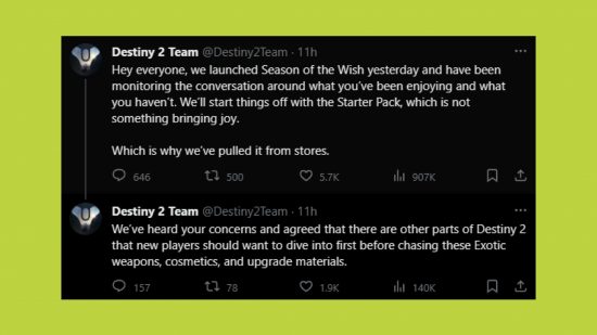 Destiny 2 Starter Pack removed: a tweet with the aforementioned quotes