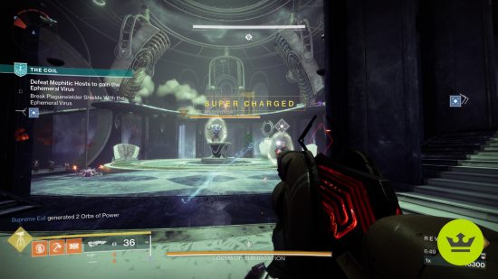 Destiny 2 The Coil: The player holding their weapon at the ready looking at the Locus of Subjugation boss in The Coil.