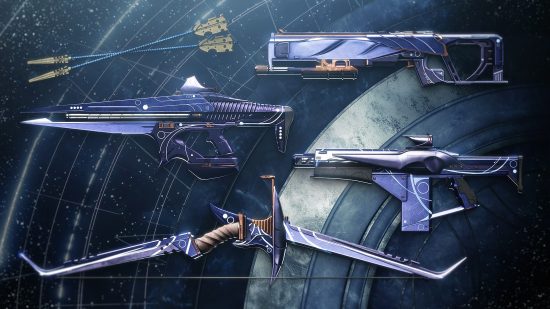 Destiny 2 The Coil: Four weapons from Season of the Wish against a wall, including a bow, shotgun, fusion rifle, and linear fusion rifle.