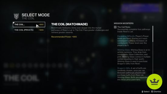 Destiny 2 The Coil: The modifiers screen for The Coil activity, showing the currently active buffs and debuffs in the mode.