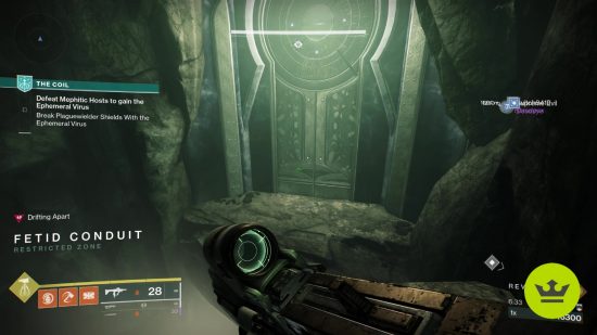 Destiny 2 The Coil: The player looking at a large locked door housing a secret chest in The Coil.