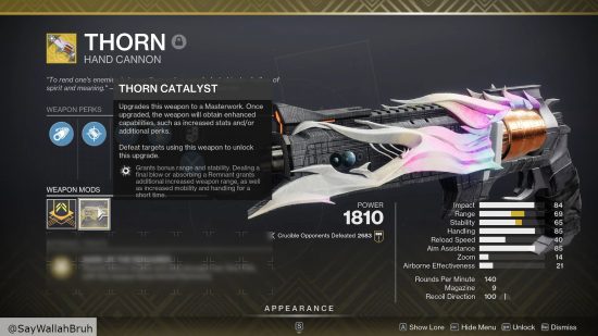 Destiny 2 Thorn Catalyst: An image of the Thorn Catalyst in the in-game menus, showcasing the weapon with an Ornament.