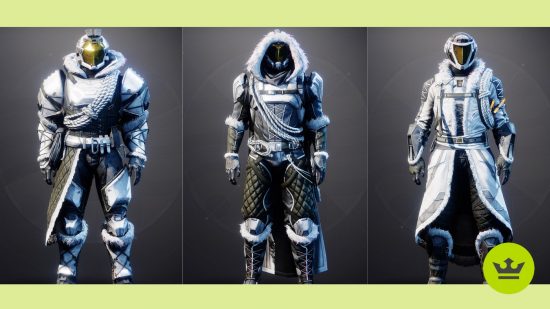 Destiny 2 Warlord's Ruin: The armor set earned from the new dungeon on a Titan, Hunter, and Warlock from left to right.