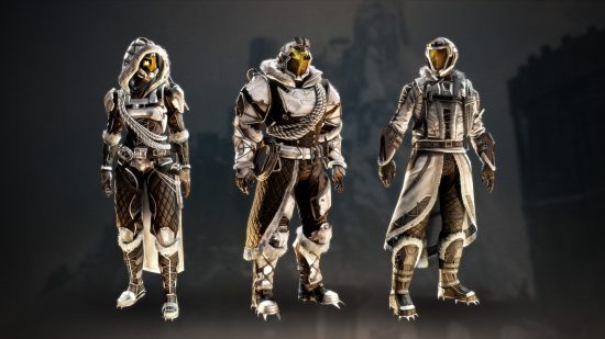 Destiny 2 Warlord's Ruin: From left to right, a Hunter, Titan, and Warlock standing wearing the new Warlord's Ruin armor.