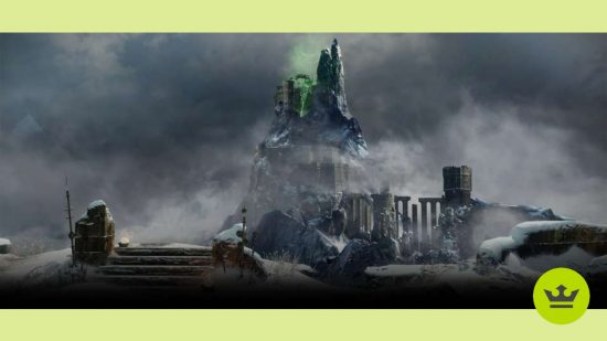 Destiny 2 Warlord's Ruin: A castle atop a snowy mountain with a green glow coming out from the top.