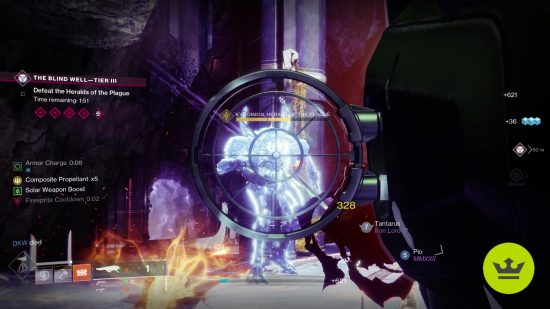 Destiny 2 Wishing All the Best: The player aiming the Dragon's Breath rocket at a large, frozen Vex enemy during the Blind Well activity.