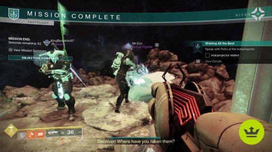 Destiny 2 Wishing All the Best: The player holding a weapon at the ready at the end of the Riven's Lair activity, as players look inside a loot chest.