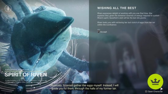 Destiny 2 Wishing All the Best: The player interacting with Riven during a conversation scene, with a text box on the right.