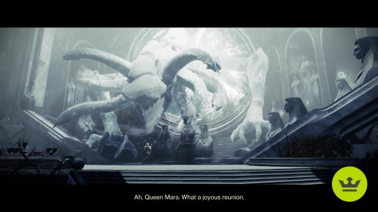 Destiny 2 Wishing All the Best: Mara Sov talking to Riven the wish dragon during a cutscene, with Riven towering over her.