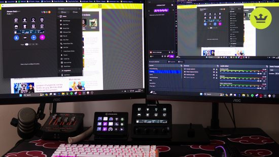 Elgato Stream Deck plus review: a front view of the Stream Deck + sitting in a streaming setup