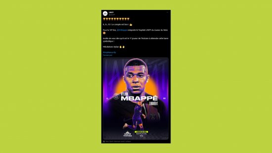 FC 24 Mbappe POTM award: an image of the UNFP tweet showing his award