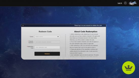 Honkai Star Rail codes: A screenshot of the official website where you can redeem Honkai codes, showing a redemption box against a starry background.