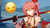 Honkai Star Rail free characters survey November 2023: an image of a woman with pink hair and a smirking emoji