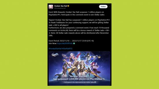 Honkai Star Rail free Stellar Jade PS5 player count: an image of the tweet announcing the free gift