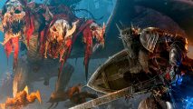 Lords of the Fallen new update schedule performance: an image of a man with a sword about to stab a strange skull beast