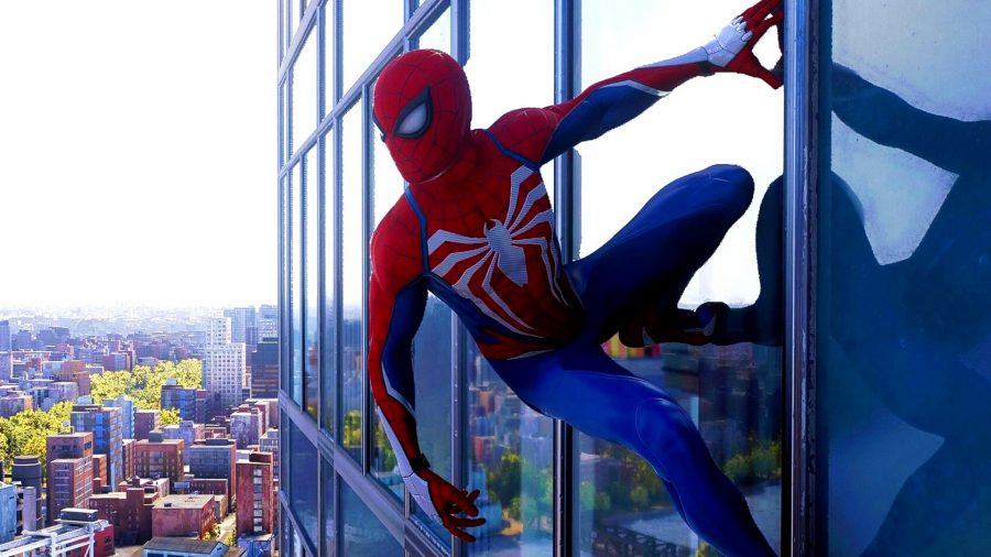 Spider-Man 2: Spider-man in his iconic red and blue suit sticks to the side of a glass building