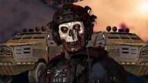 MW3 Zombies Mercenary Convoy: Zombie Ghost skin from MW3 in front of two armored trucks from Warzone and Modern Warfare 3