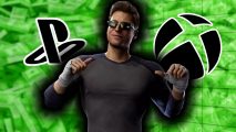 MK1 sale Black Friday PS5 Xbox: an image of Johnny Cage with money and the PS5 and Xbox logo