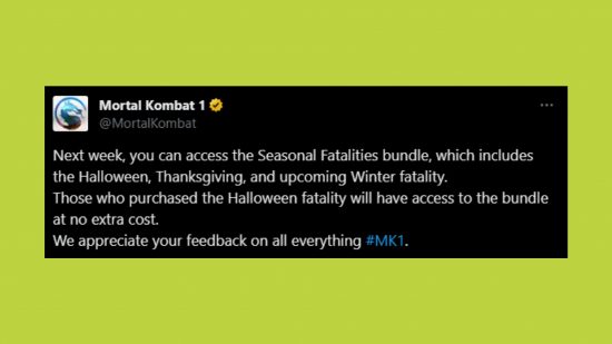 Mortal Kombat 1Halloween Fatality free bundle: an image of a tweet explaining the free bundle