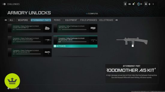 MW3 Aftermarket Parts: The Armory unlock screen showing the challenges required to unlock the Broodmother .45 Kit for the WSP 9.
