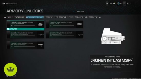 MW3 Aftermarket Parts: The Cronen Intlas MSP-12 optic in the Armory unlock challenge page.