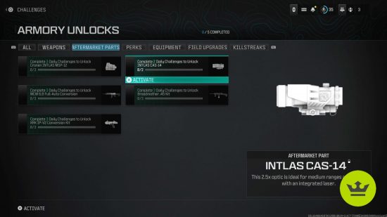 MW3 Aftermarket Parts: The Armory unlock challenge for the Intlas CAS-14 optic.