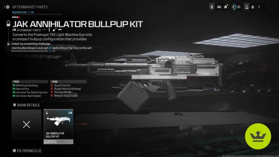MW3 Aftermarket Parts: The Pulemyot JAK Annihilator Bullpup Kit in the weapon customization screen.