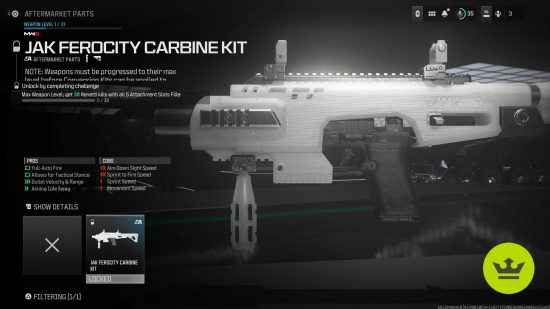 MW3 Aftermarket Parts: The Renetti JAK Ferocity Carbine Kit in the weapon customization screen, displaying its stats.