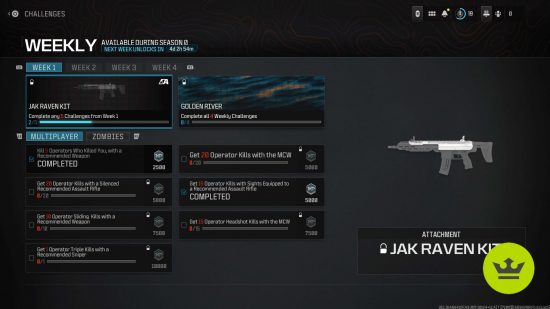 MW3 Aftermarket Parts: The Week 1 challenges menu which shows the missions you need to complete to unlock the MCW JAK Raven Kit.
