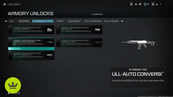 MW3 Aftermarket Parts: The Armory unlock screen showing the objectives required to unlock the MCW 6.8 Full-Auto Conversion Kit.