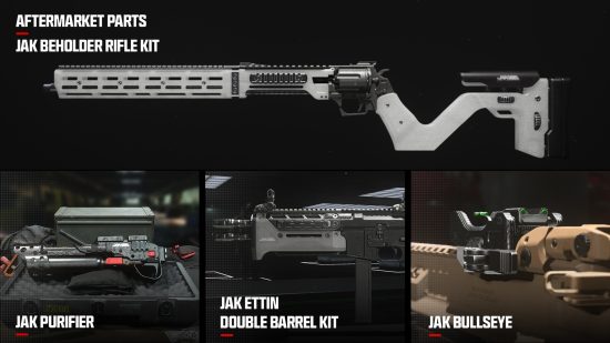 MW3 Aftermarket Parts Season 1: An infographic showing the Aftermarket Parts in Season 1, with the rifle kit across the top, and three smaller boxes across the bottom highlighting Parts.
