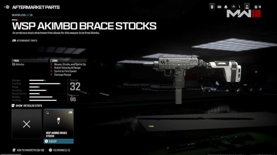 MW3 Aftermarket Parts: The WSP Akimbo Brace Stocks on the WSP Swarm sidearm in the customization screen.