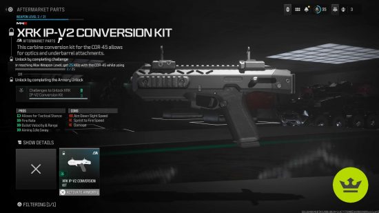 MW3 Aftermarket Parts: The XRK IP-V2 Conversion Kit for the COR-45 handgun, showing its stats.