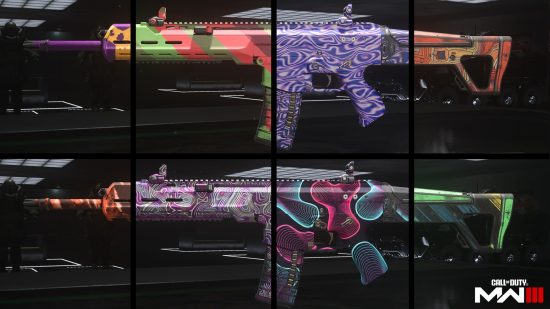 MW3 camos: A collage of different base camos shown on different parts of two different guns, stacked horizontally.