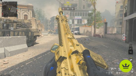 MW3 best guns: A playing holding and inspecting the BAS=B battle rifle painted gold.