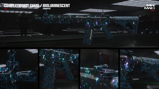 MW3 camos: The Bioluminescent Mastery camo on an assault rifle in a collage format.