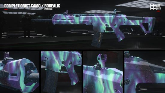 MW3 camos: The Borealis Mastery camo on an assault rifle, shown in a collage format.