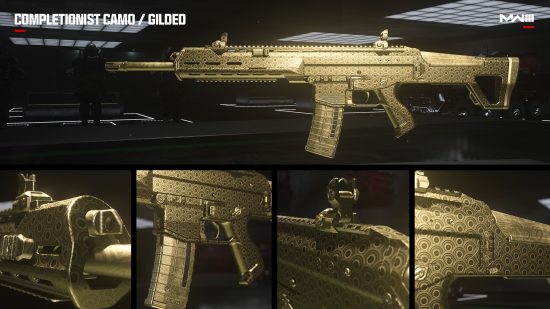 MW3 camos: A collage of the Gilded Mastery camo on an assault rifle.