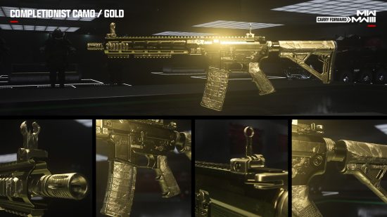 MW3 camos: The iconic Gold Mastery camo on an assault rifle, shown as a collage image.