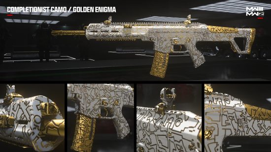 MW3 camos: The Golden Enigma Mastery camo shown on an assault rifle in a collage arrangement.