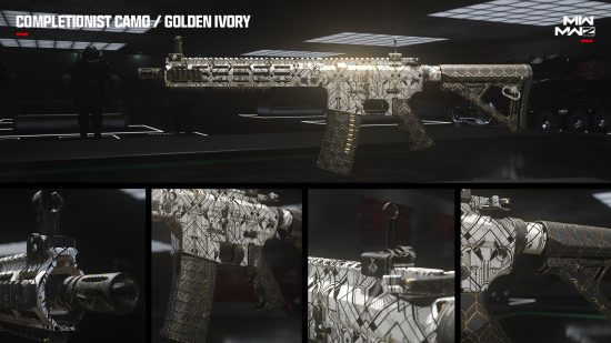 MW3 camos: The Golden Ivory Mastery camo used on an assault rifle in a collage image.