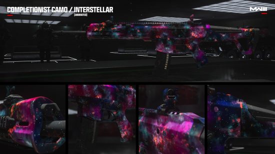 MW3 camos: The Interstellar Mastery camo on an assault rifle, shown in a collage.