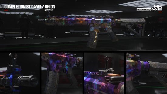 MW3 camos: The Orion Mastery camo used on an assault rifle in a collage image structure.