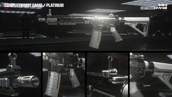 MW3 camos: The Platinum Mastery camo used on an assault rifle and displayed as a collage image.