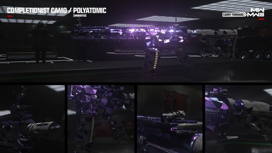 MW3 camos: The Polyatomic Mastery camo on a assault rifle in a collage image.