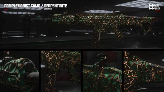 MW3 camos: A collage showing the Serpentinite Mastery camo on an assault rifle.